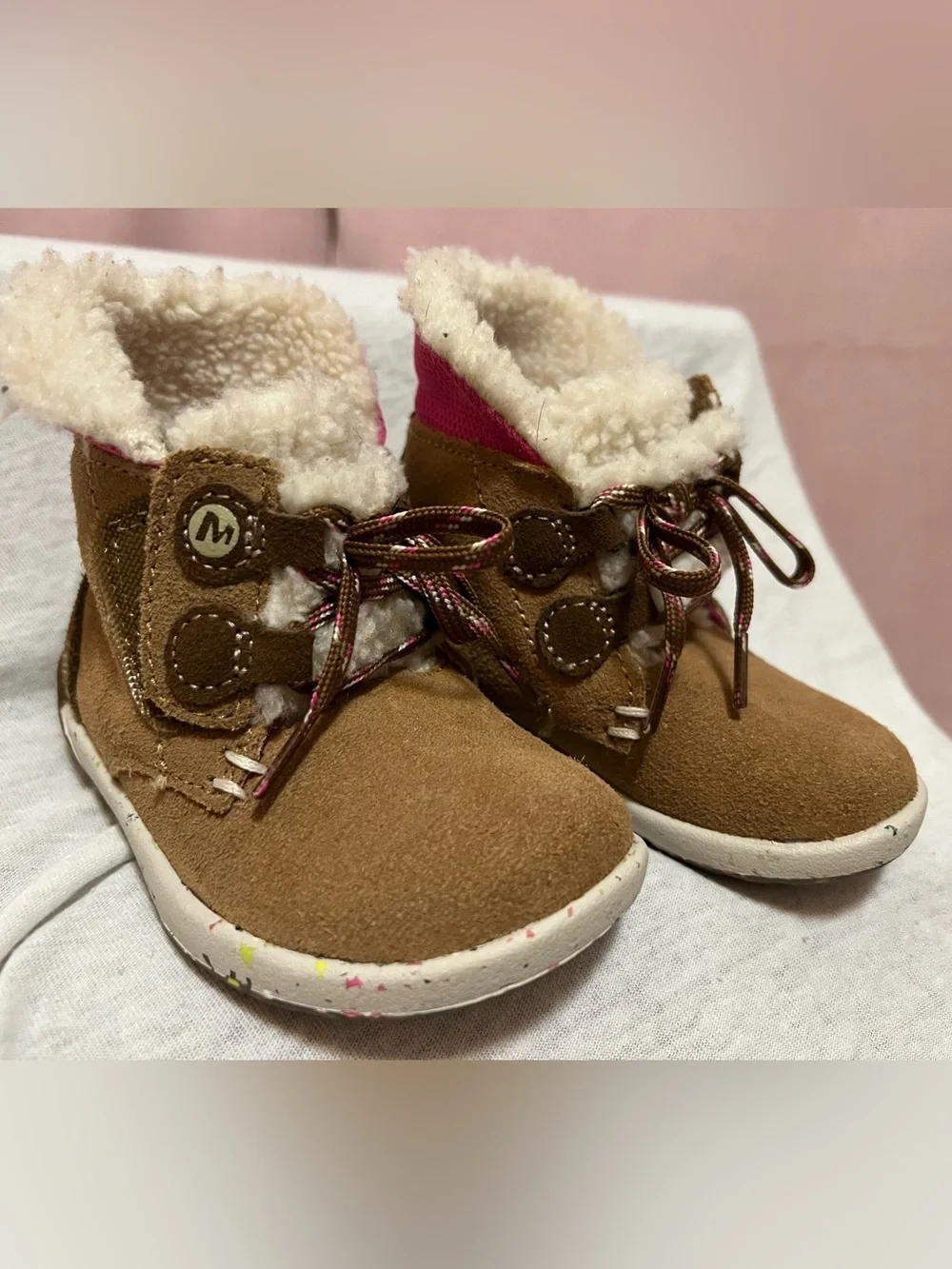 Merrell Brown Suede Kids Boots with Cream Sherpa and Pink Accent